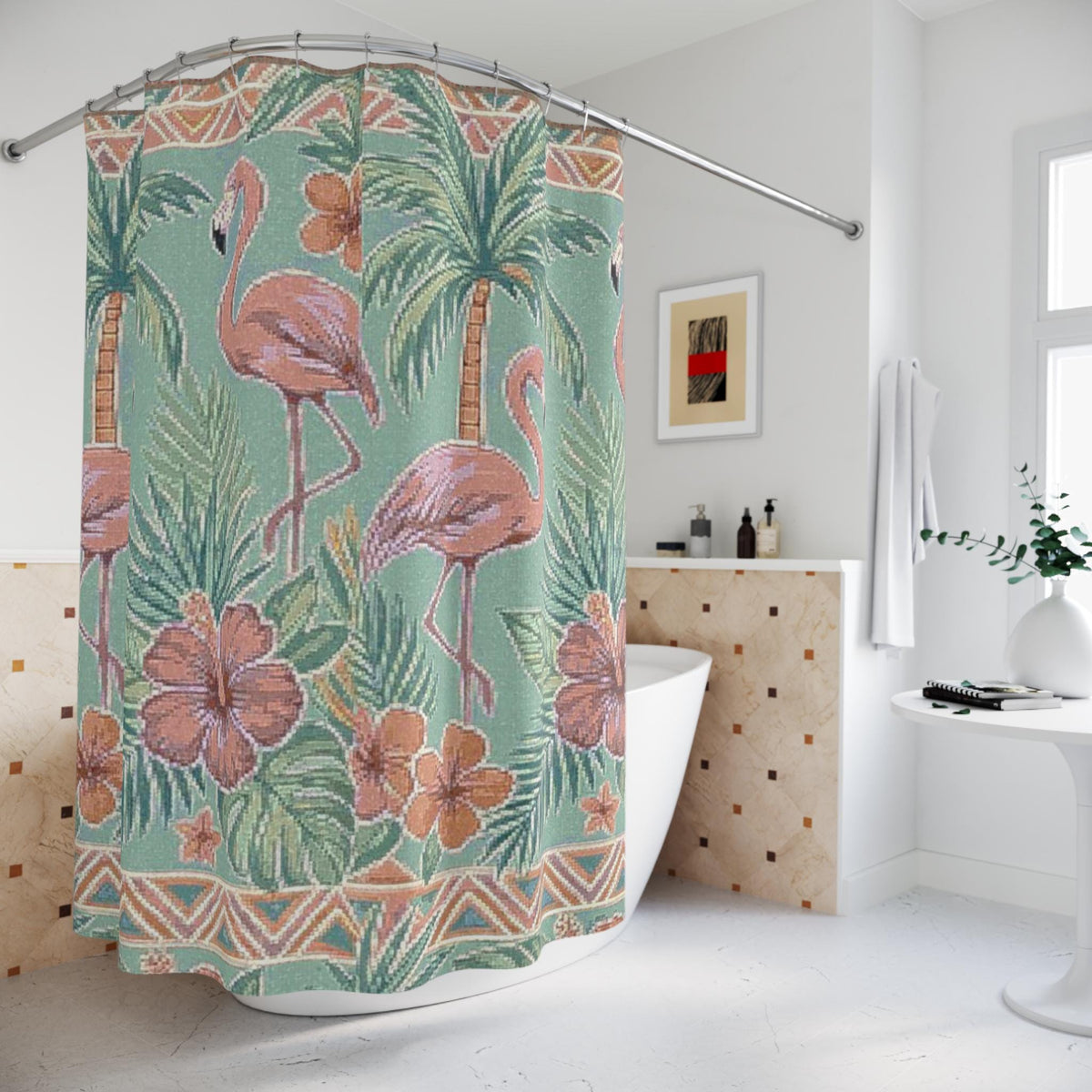 Tropical Flamingo Pattern Shower Curtain | Palm Trees, Hibiscus