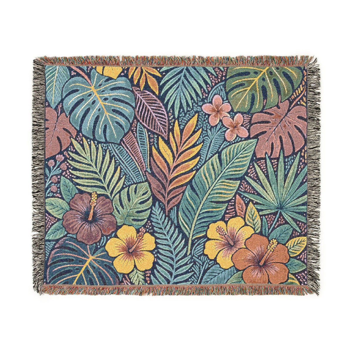 Tropical Floral Woven Blanket | Botanical Leaves Hibiscus Throw