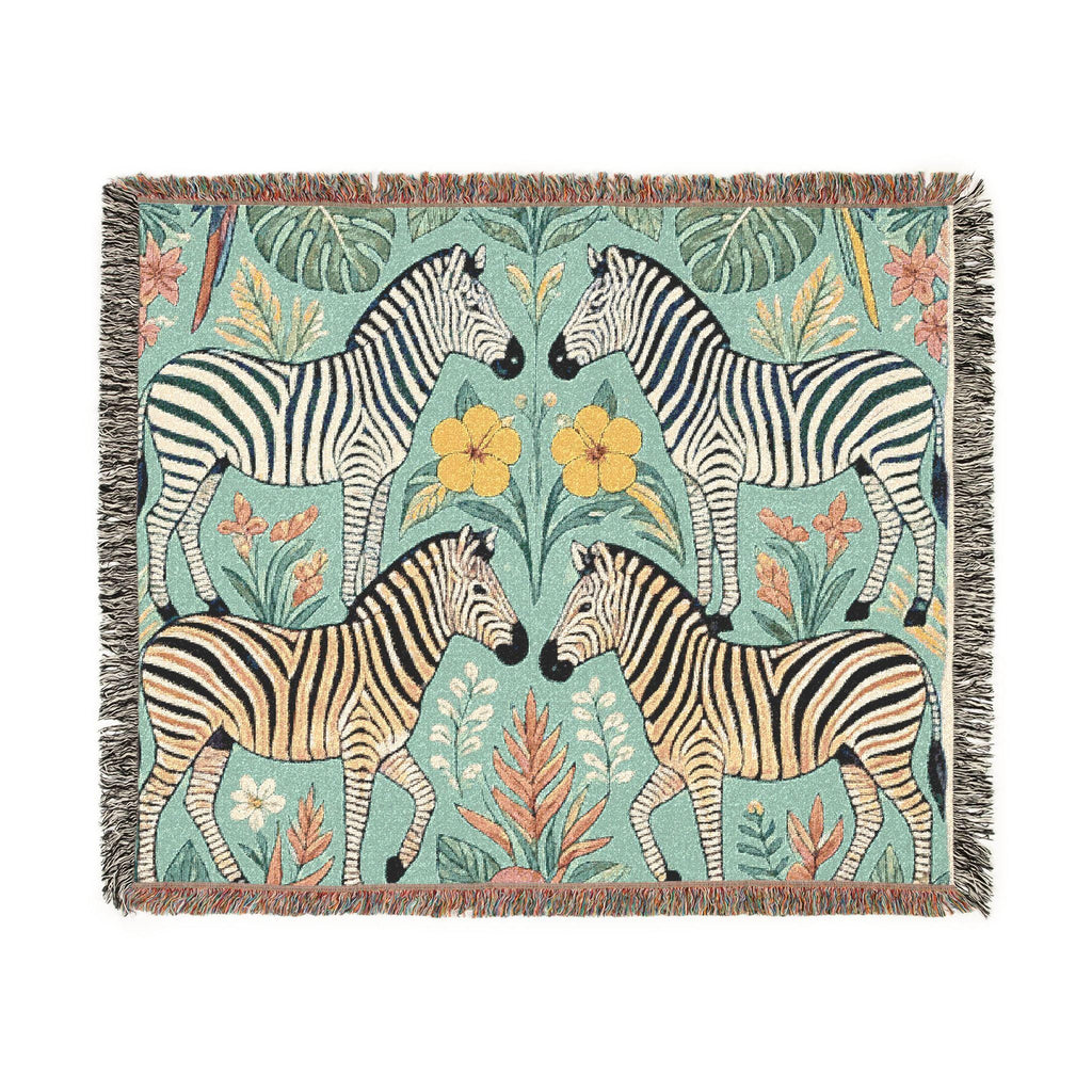 Zebra Folk Art Woven Blanket | Decorative Animal Throw, Boho Safari Pattern