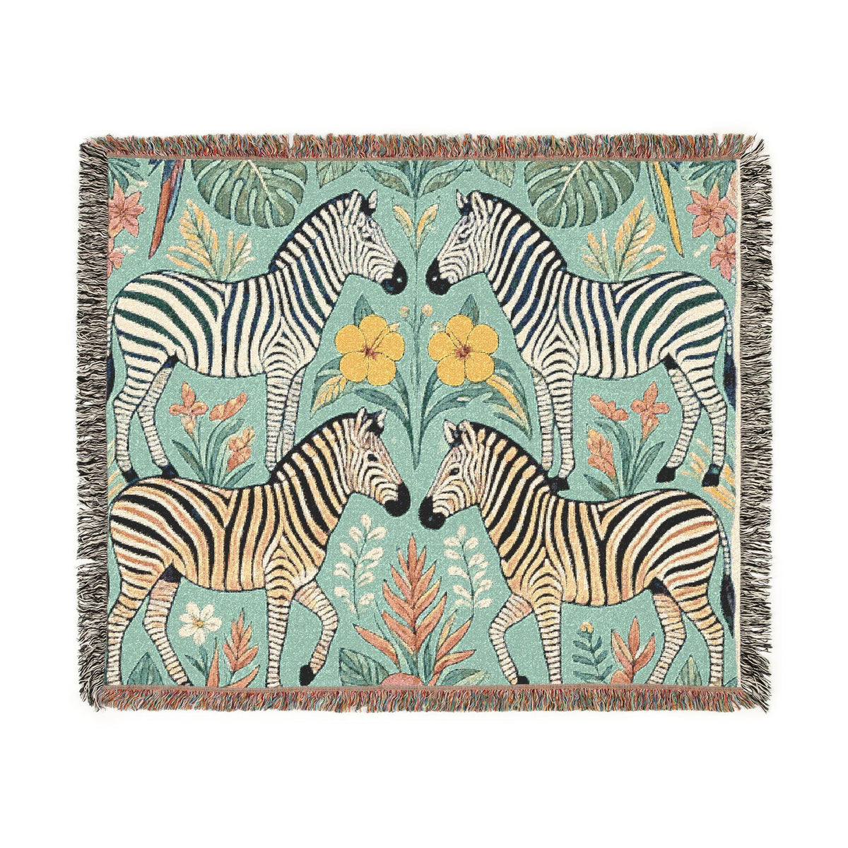 Zebra Folk Art Woven Blanket | Decorative Animal Throw, Boho Safari Pattern