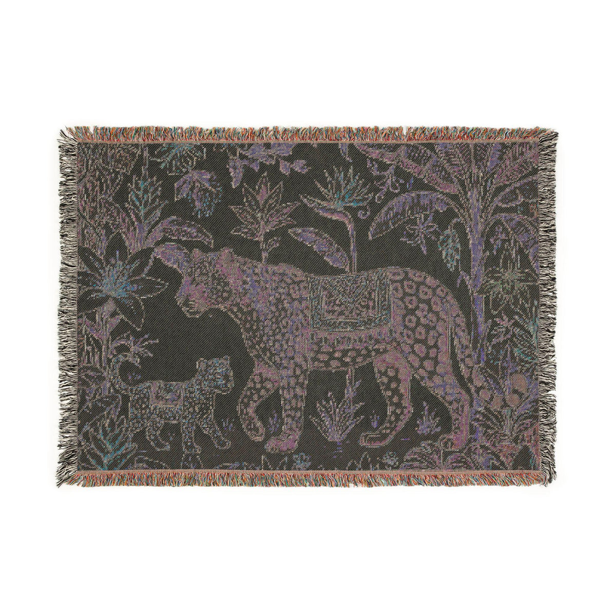 Leopard & Cub Floral Tapestry Woven Blanket | Boho Jungle Animal Throw