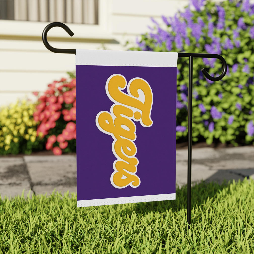 Tigers Garden Flag | Purple Gold Script Outdoor House Banner