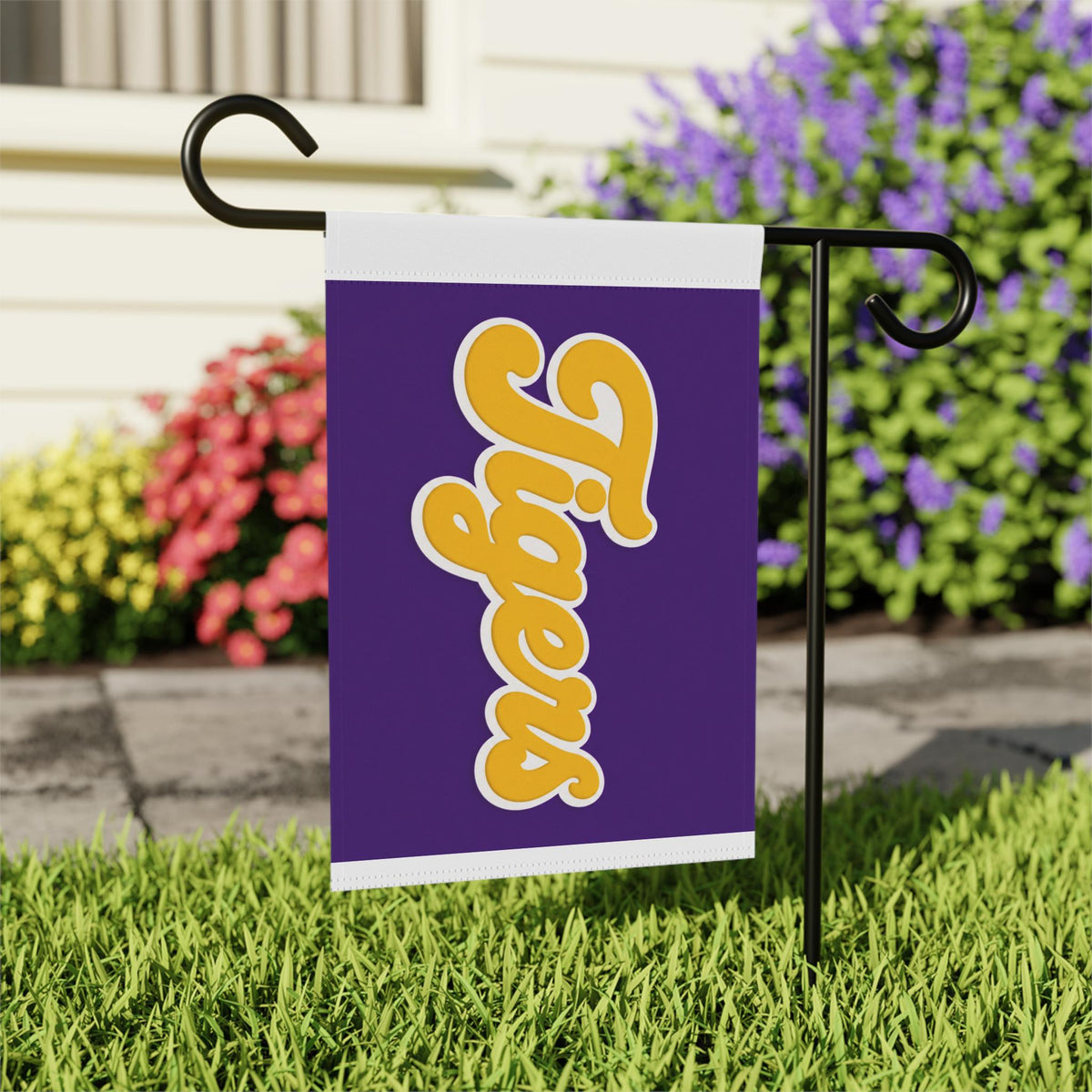 Tigers Garden Flag | Purple Gold Script Outdoor House Banner