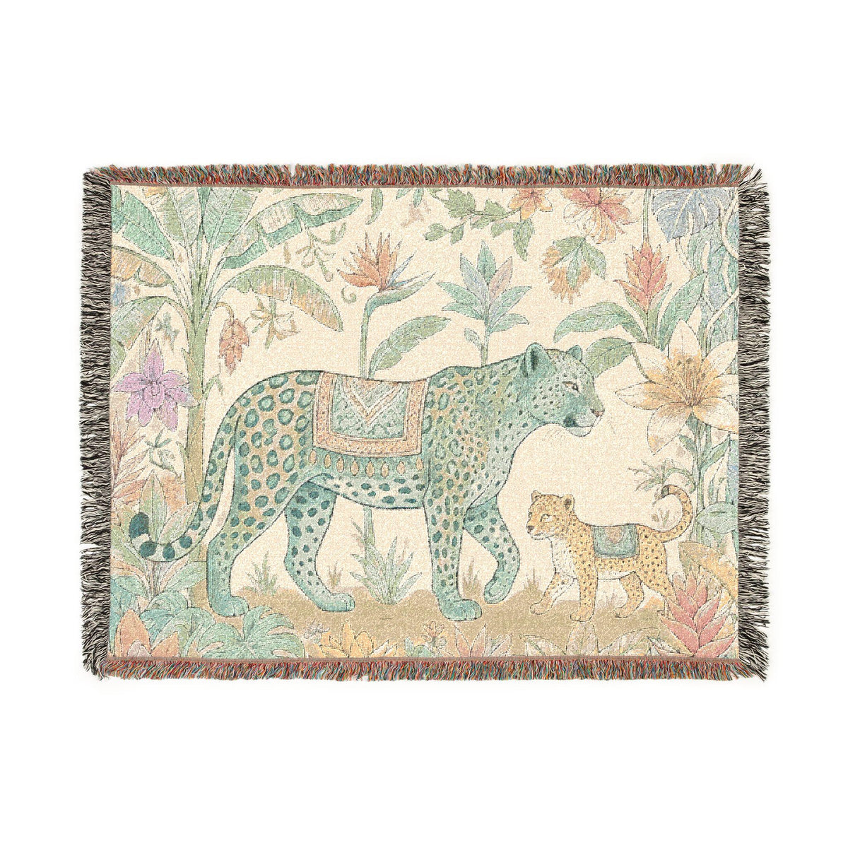 Leopard & Cub Floral Tapestry Woven Blanket | Boho Jungle Animal Throw