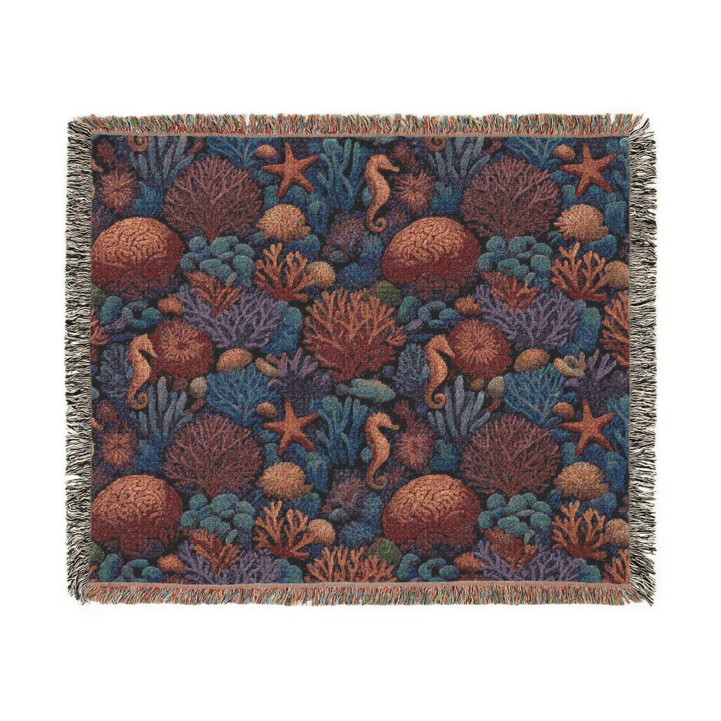 Underwater Coral Reef Woven Blanket | Seahorses, Starfish, Ocean Tapestry Throw