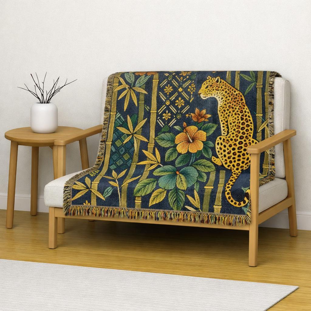 Golden Leopard Floral Woven Blanket | Tropical Bamboo Throw