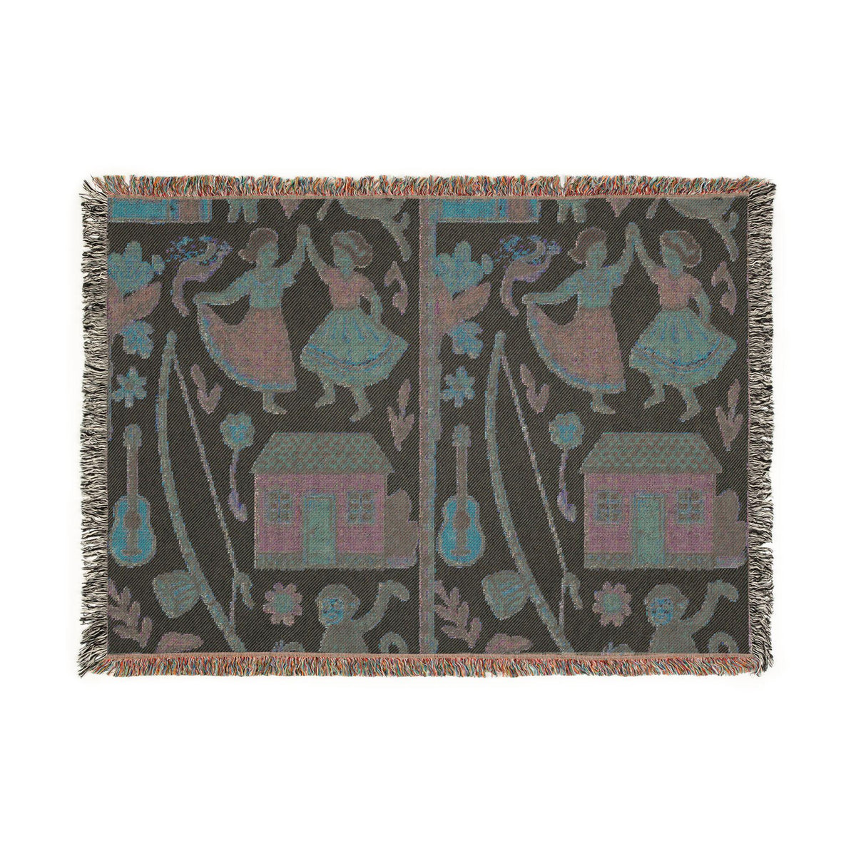 Folk Dance Pattern Woven Blanket | Southwestern House and Guitar Throw