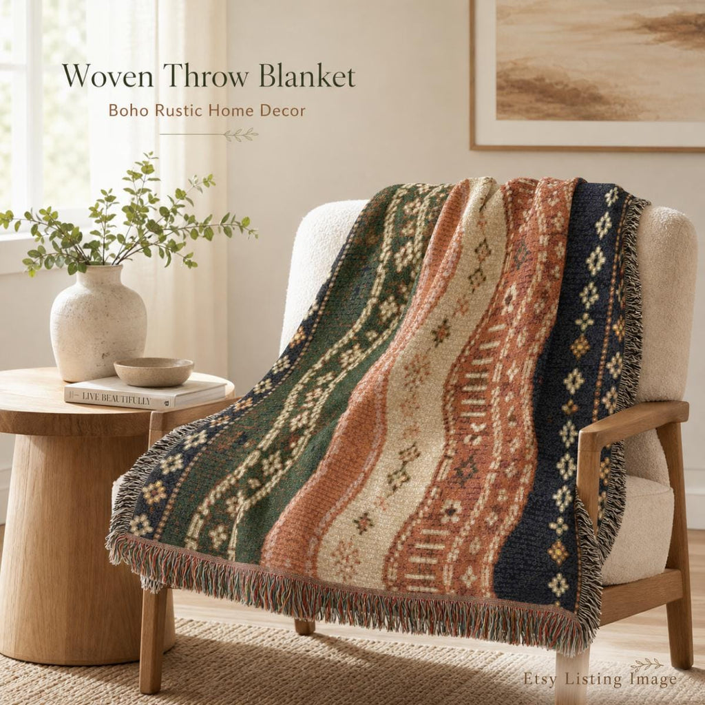 Southwestern Wave Pattern Woven Blanket | Boho Aztec Throw