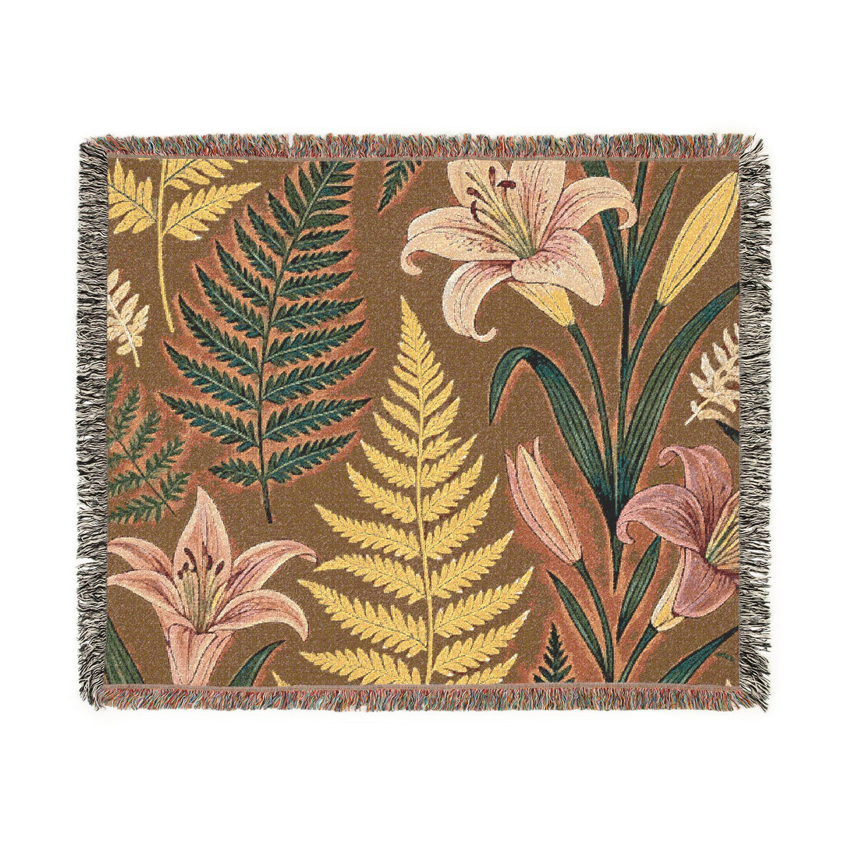 Vintage Botanical Ferns and Lilies Woven Blanket | Tapestry Throw