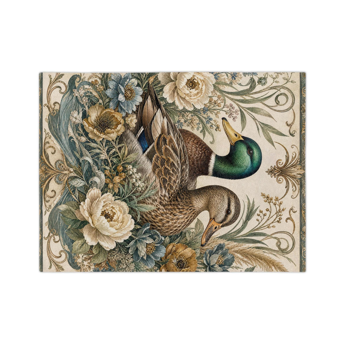 Mallard Duck Floral Illustration Velveteen Microfiber Blanket | Vintage Botanical