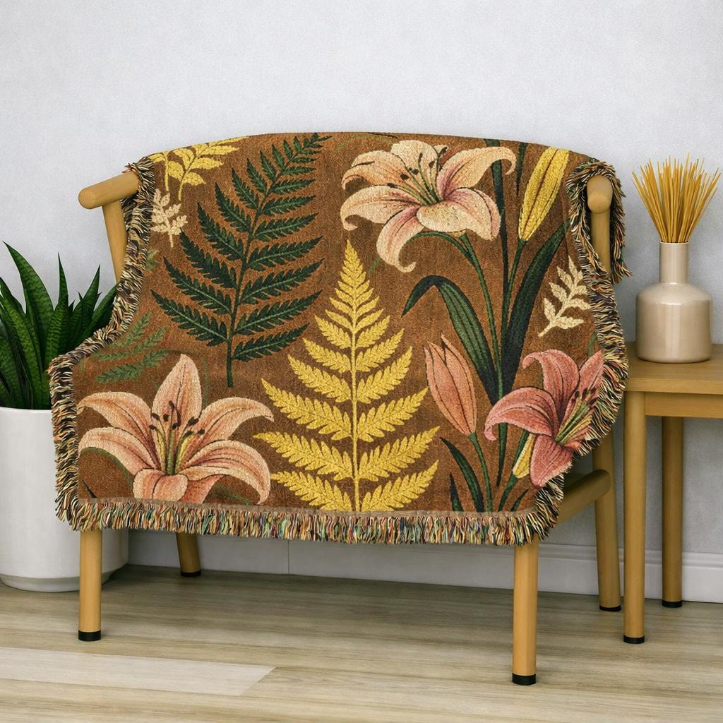 Vintage Botanical Ferns and Lilies Woven Blanket | Tapestry Throw