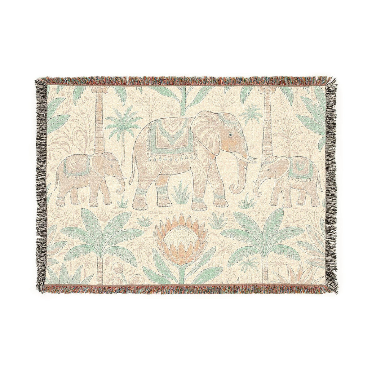 Boho Elephant Family Woven Blanket | Tropical Palm Tapestry Throw