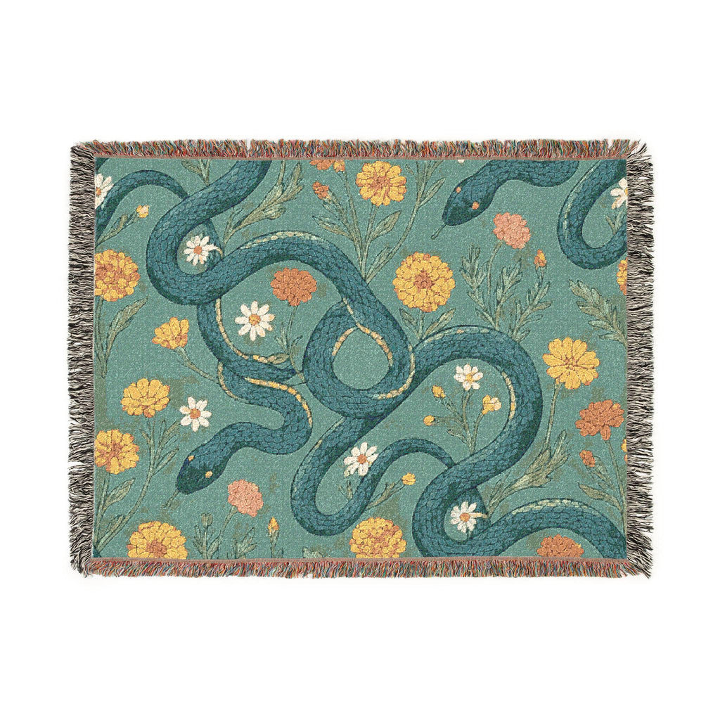 Floral Serpent Woven Blanket | Botanical Snake Tapestry Throw