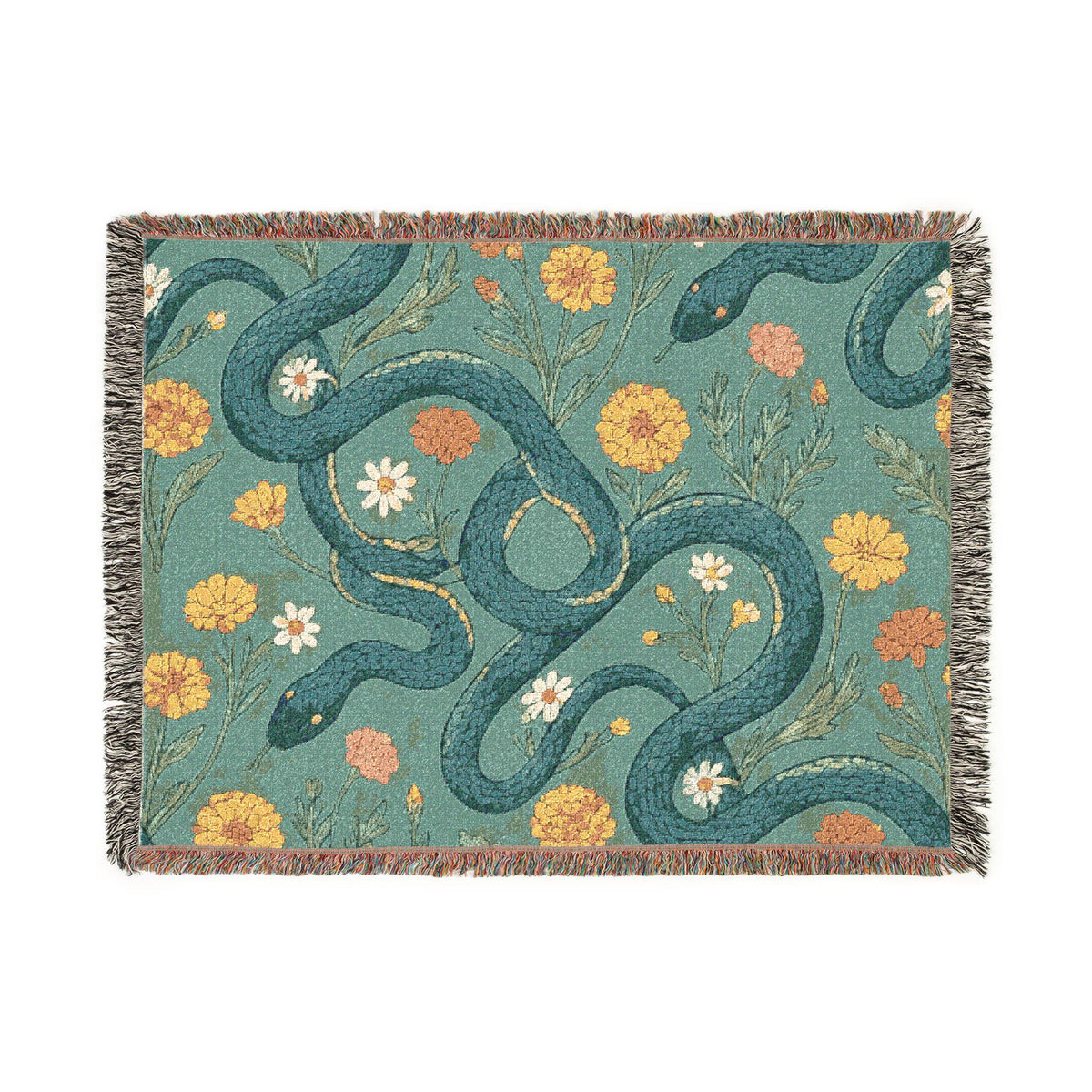 Floral Serpent Woven Blanket | Botanical Snake Tapestry Throw