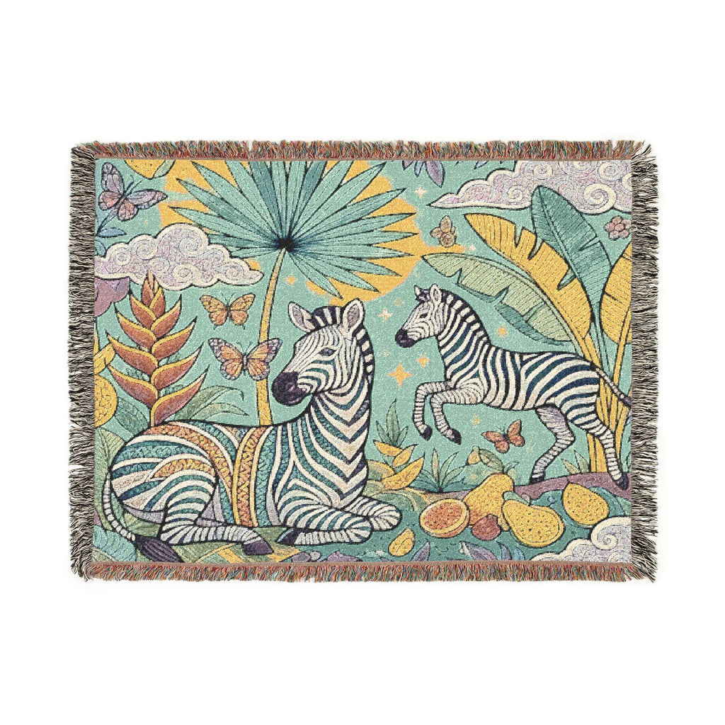 Jungle Zebras Woven Blanket | Tropical Animal Tapestry Throw