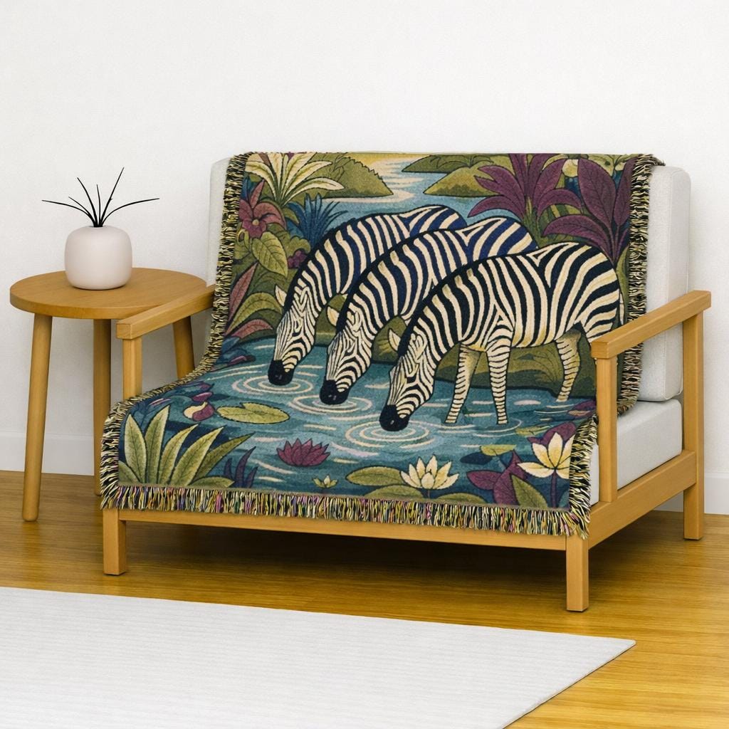 Zebra Trio Drinking at Pond Woven Blanket | Tapestry Animal Throw