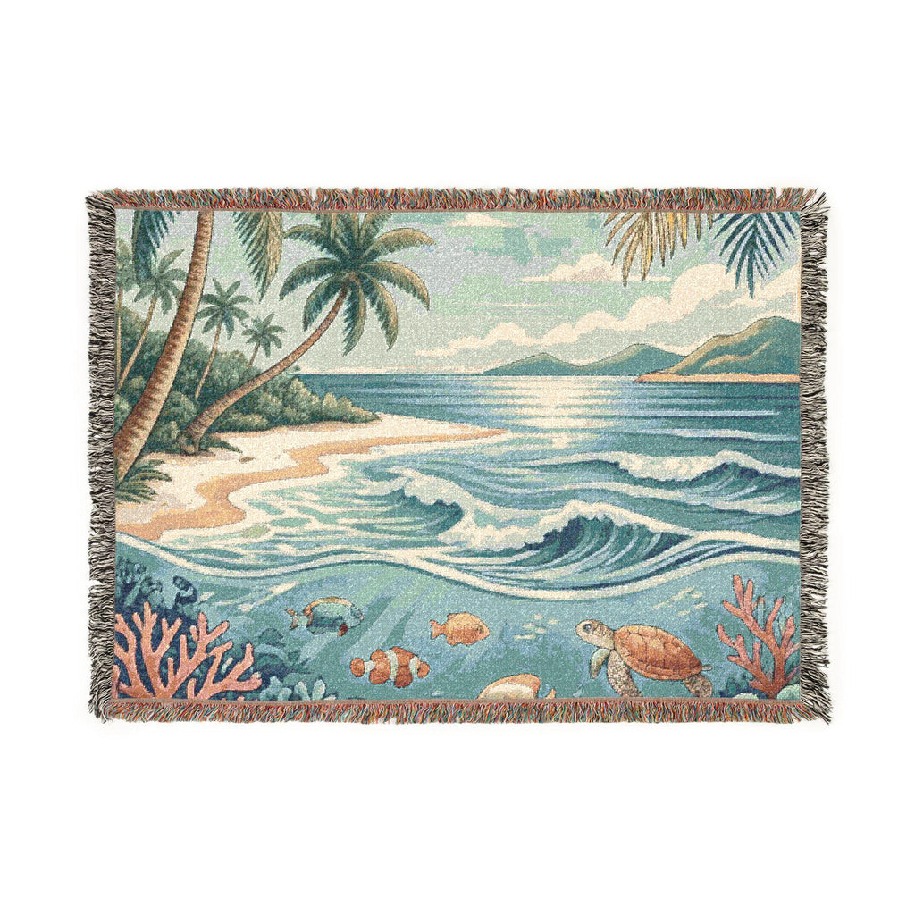 Tropical Beach Scene Woven Blanket | Ocean, Palm Trees, Coral Reef