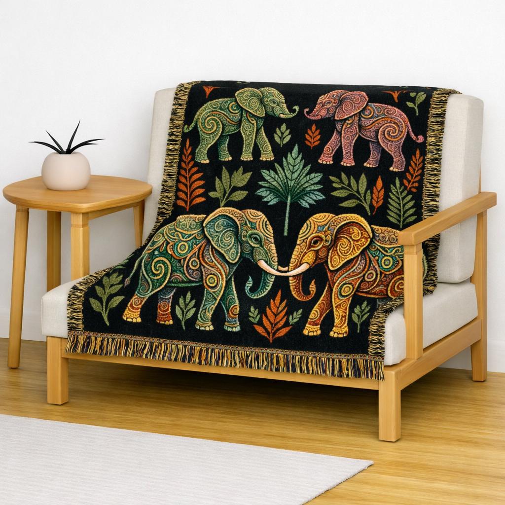 Bohemian Elephant Tapestry Woven Blanket | Jungle Floral Fringe Throw