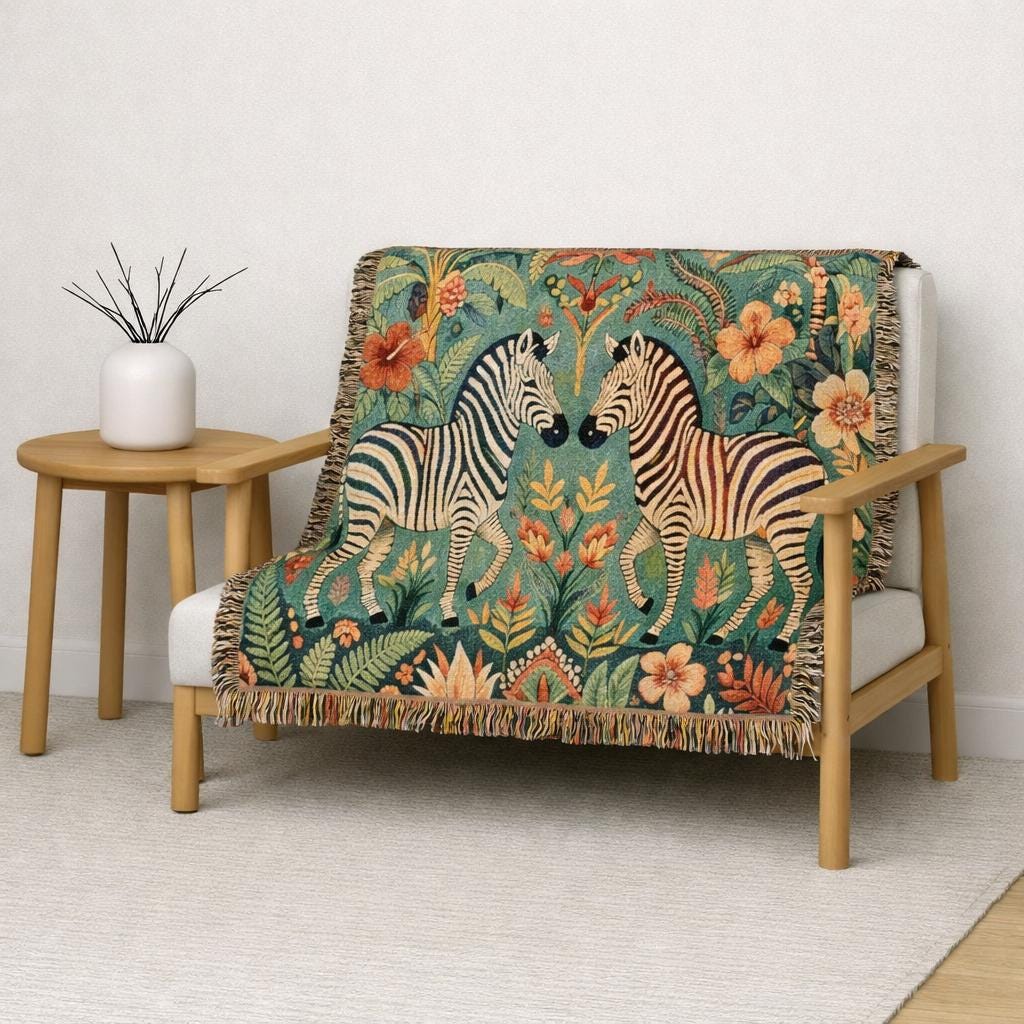 Zebra Botanical Tapestry Blanket | Woven Fringe Throw, Floral Safari Decor