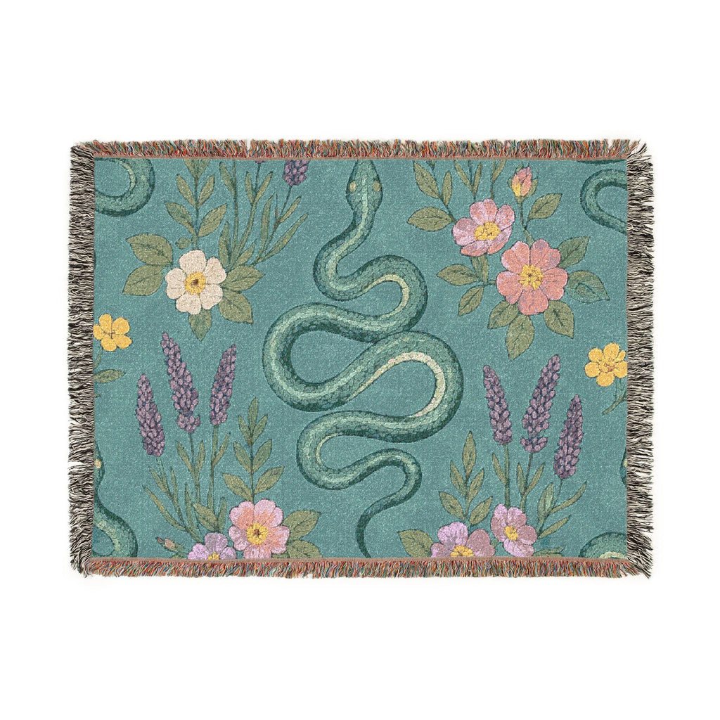 Floral Snake Illustration Blanket | Botanical Serpent Woven Throw