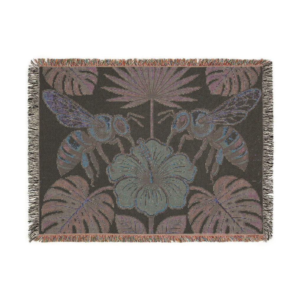 Hibiscus and Bees Woven Blanket | Tropical Floral Throw