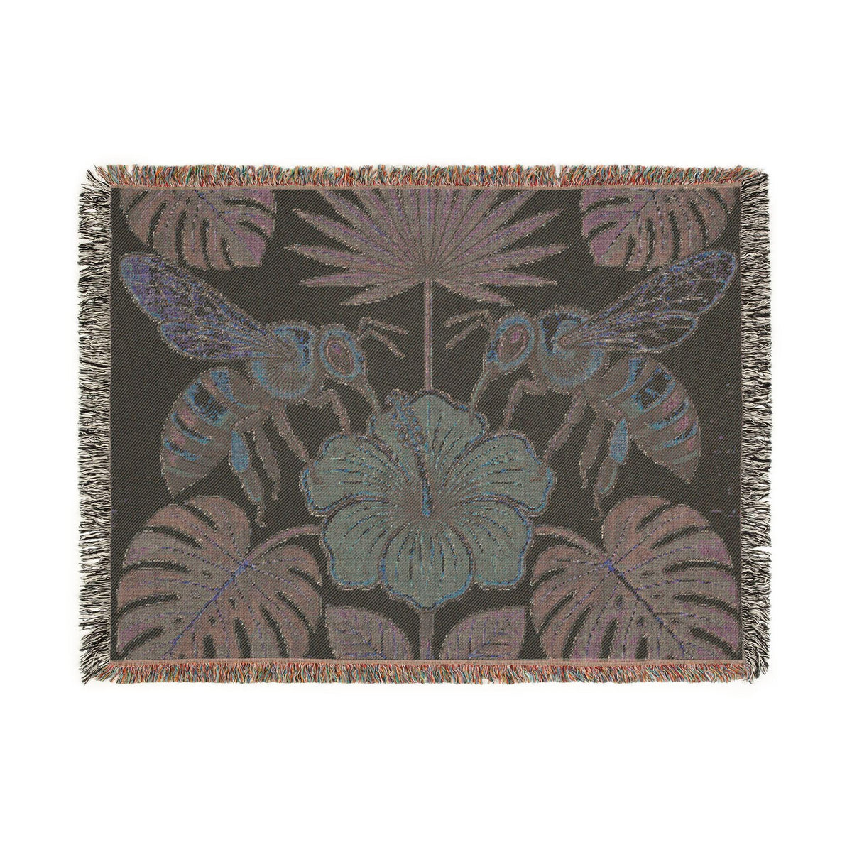 Hibiscus and Bees Woven Blanket | Tropical Floral Throw