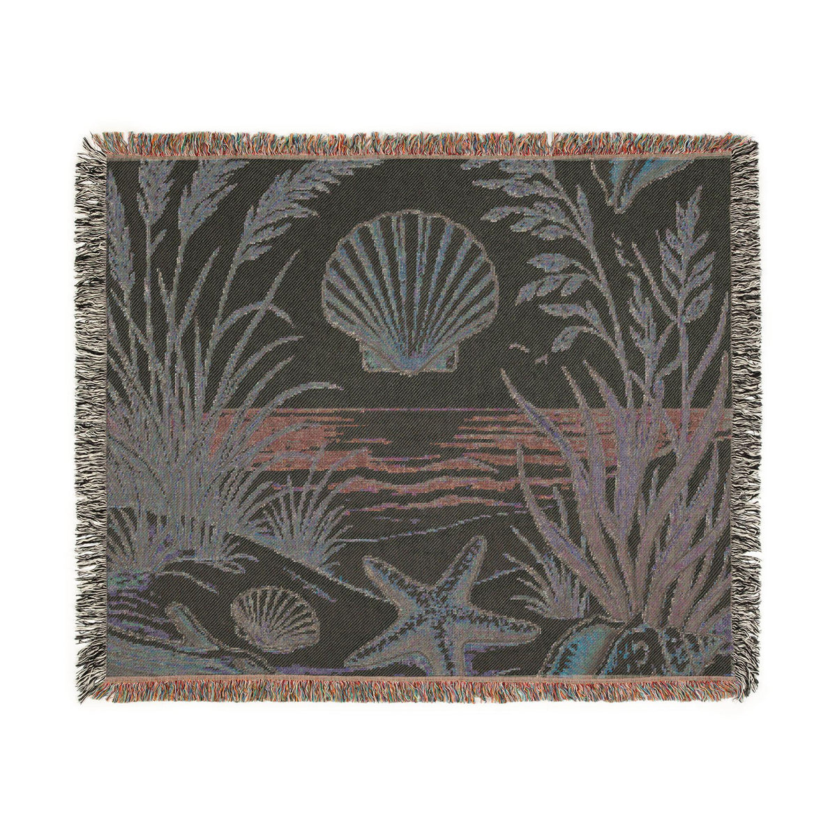 Seashell Beach Scene Woven Blanket | Coastal Ocean Tapestry Throw