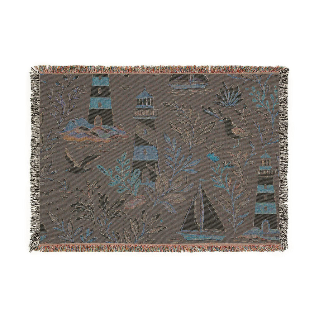 Nautical Lighthouse Sailboat Woven Blanket | Coastal Ocean Throw