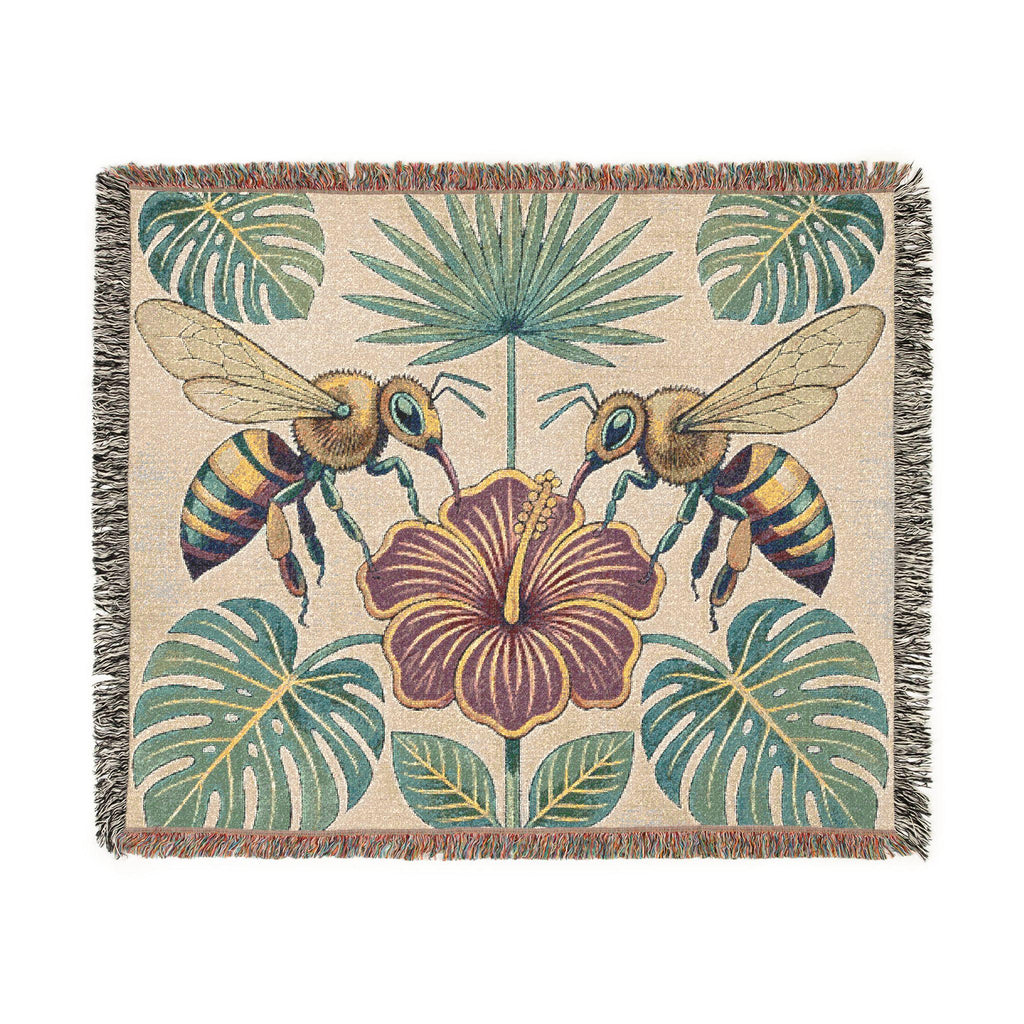 Hibiscus and Bees Woven Blanket | Tropical Floral Throw