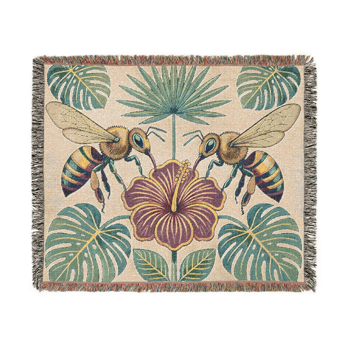 Hibiscus and Bees Woven Blanket | Tropical Floral Throw
