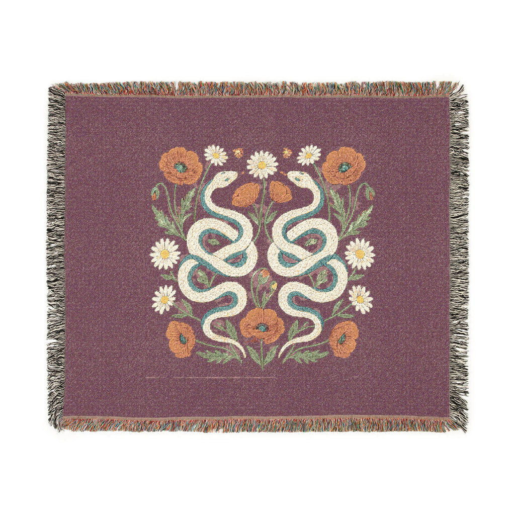 Floral Snakes Woven Blanket | Botanical Serpent Throw, Boho Tapestry