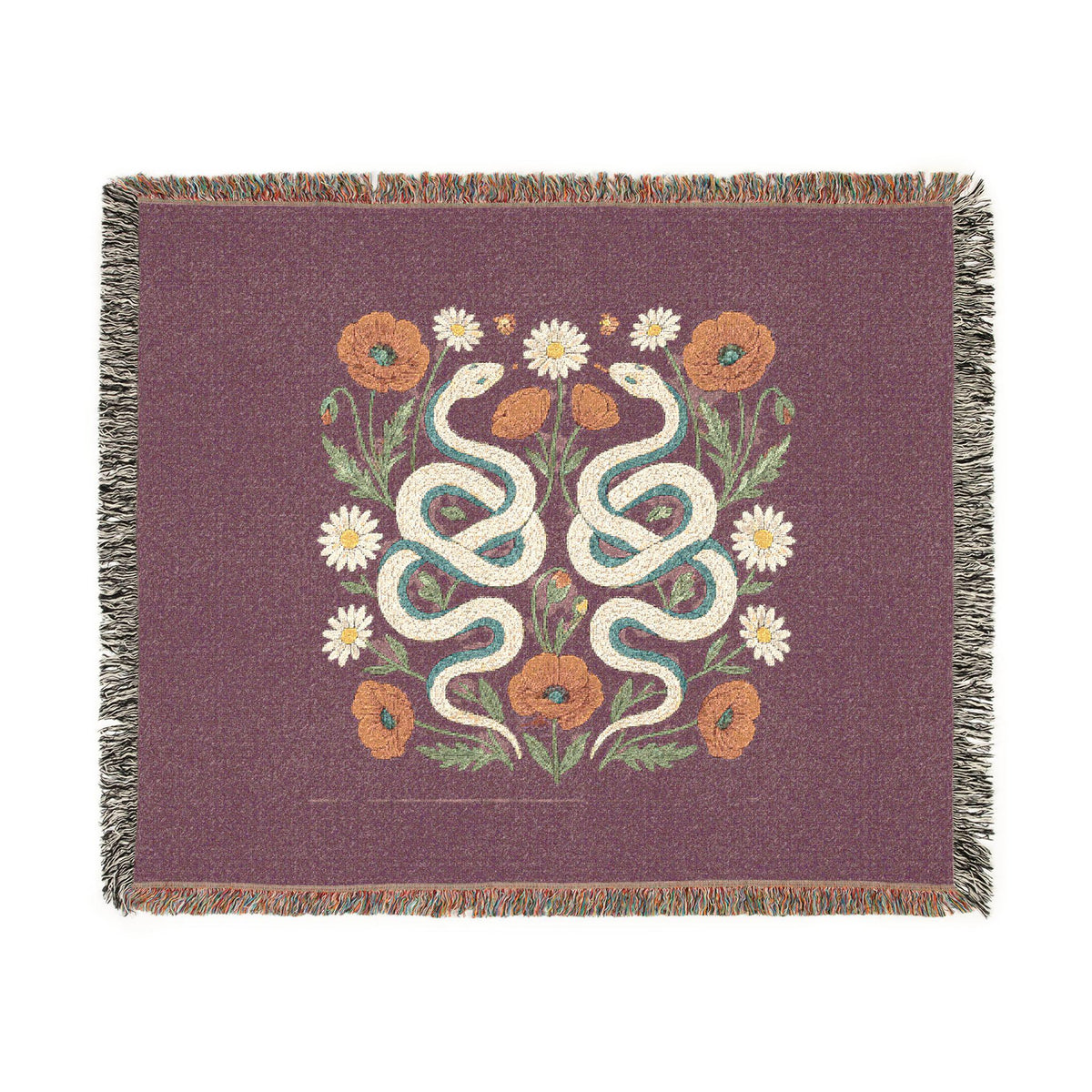 Floral Snakes Woven Blanket | Botanical Serpent Throw, Boho Tapestry