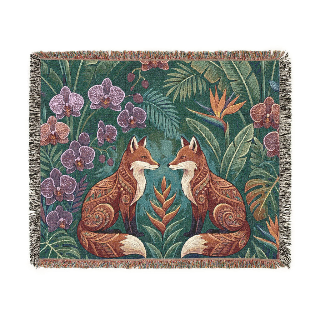 Folk Foxes Woven Blanket | Botanical Tapestry Throw, Floral Woodland Decor