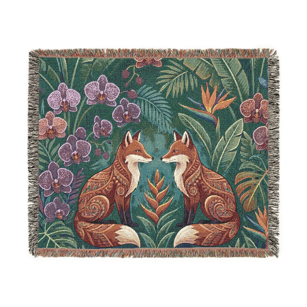Folk Foxes Woven Blanket | Botanical Tapestry Throw, Floral Woodland Decor