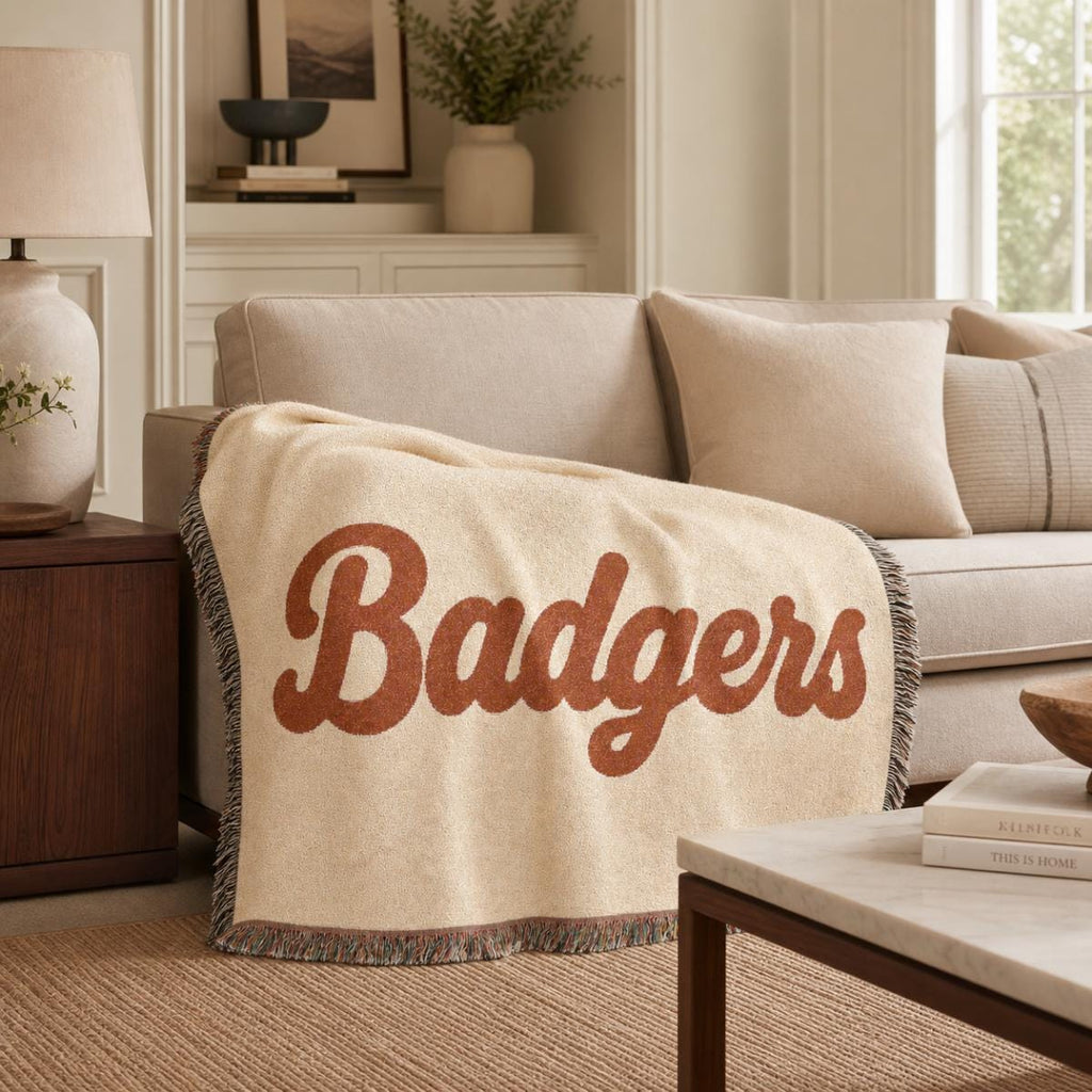Badgers Woven Blanket | Retro Script Logo, Reversible Fringe Throw