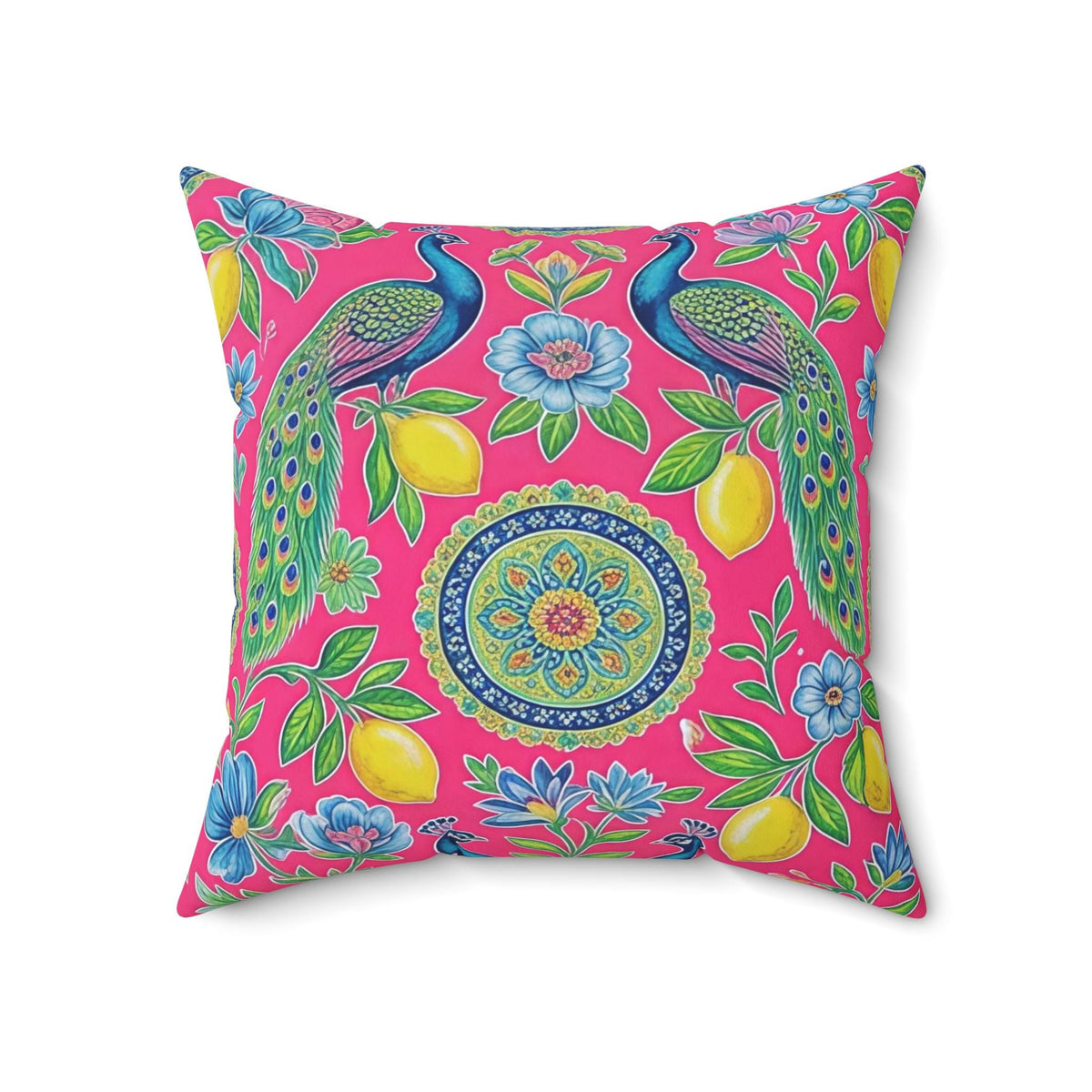 Peacock Lemon Floral Pillow | Bright Pink Decorative Throw Pillow