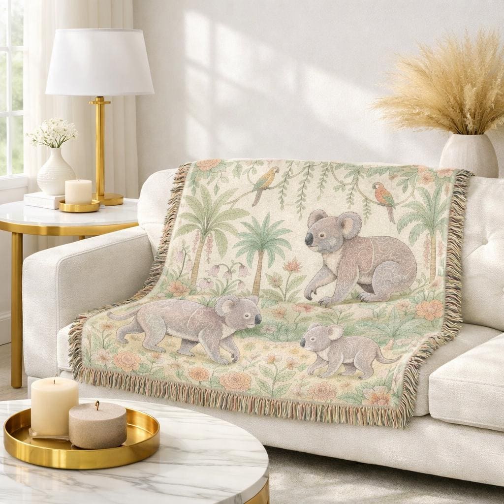 Koala Jungle Woven Blanket | Reversible Palm Tree Animal Throw