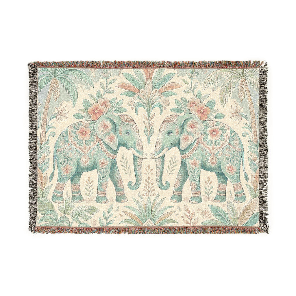 Boho Elephant Tapestry Woven Blanket | Palm Tree Floral Pattern