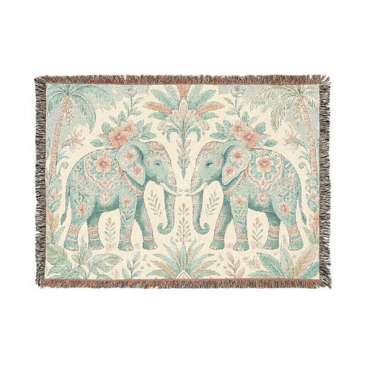 Boho Elephant Tapestry Woven Blanket | Palm Tree Floral Pattern