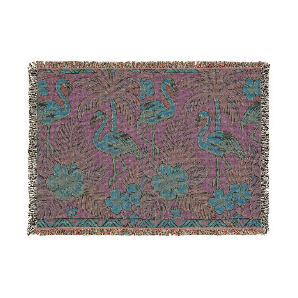 Tropical Flamingo Pattern Blanket | Woven Throw with Palm & Hibiscus