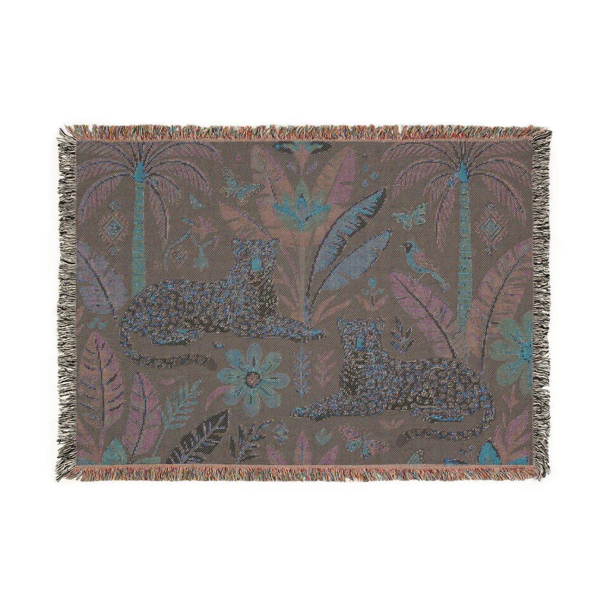 Tropical Leopard Tapestry woven blanket | jungle palm motif, floral tapestry throw