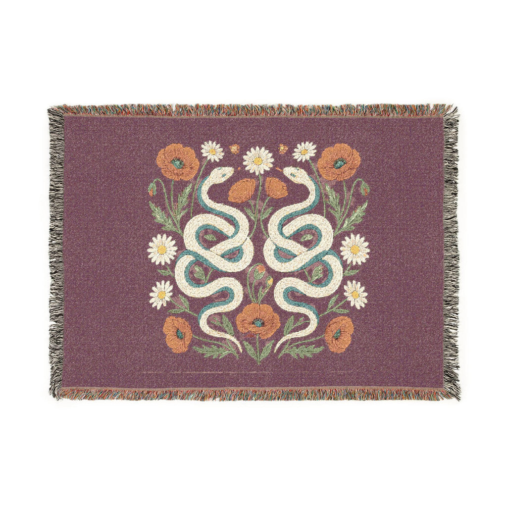 Floral Snakes Woven Blanket | Botanical Serpent Throw, Boho Tapestry