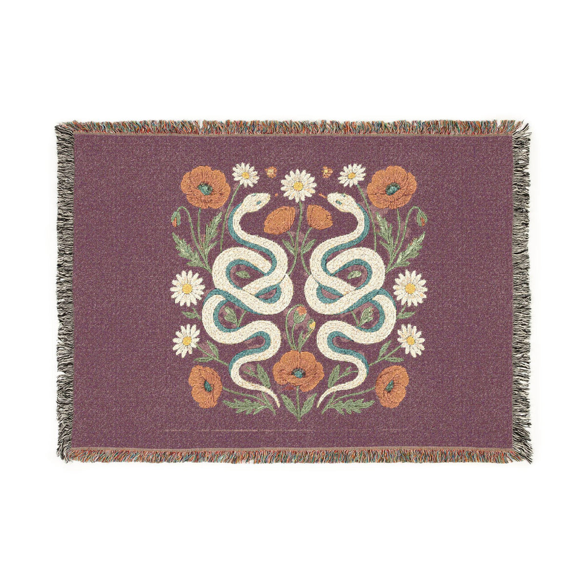 Floral Snakes Woven Blanket | Botanical Serpent Throw, Boho Tapestry