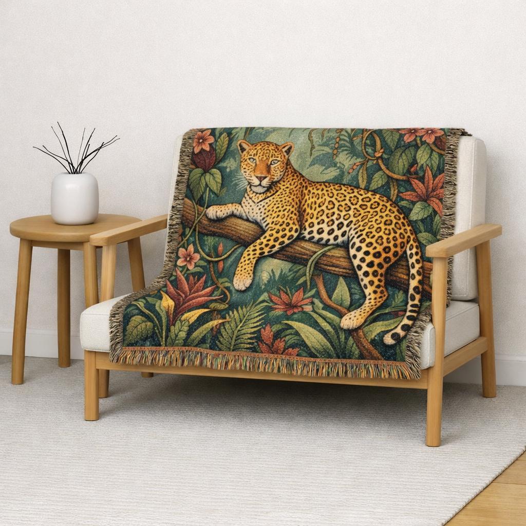 Leopard in Tropical Jungle Woven Blanket | Tapestry Throw with Fringe