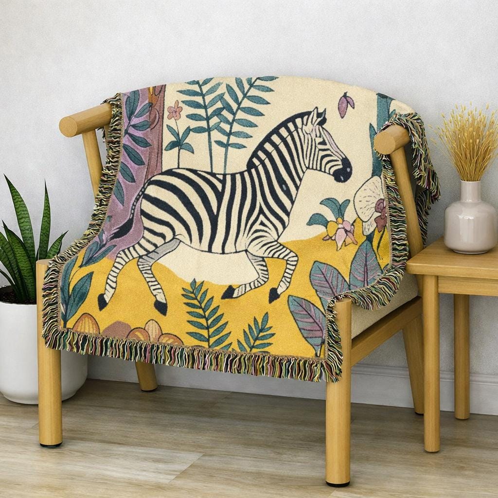 Zebra Jungle Illustration Woven Blanket | Botanical Animal Throw