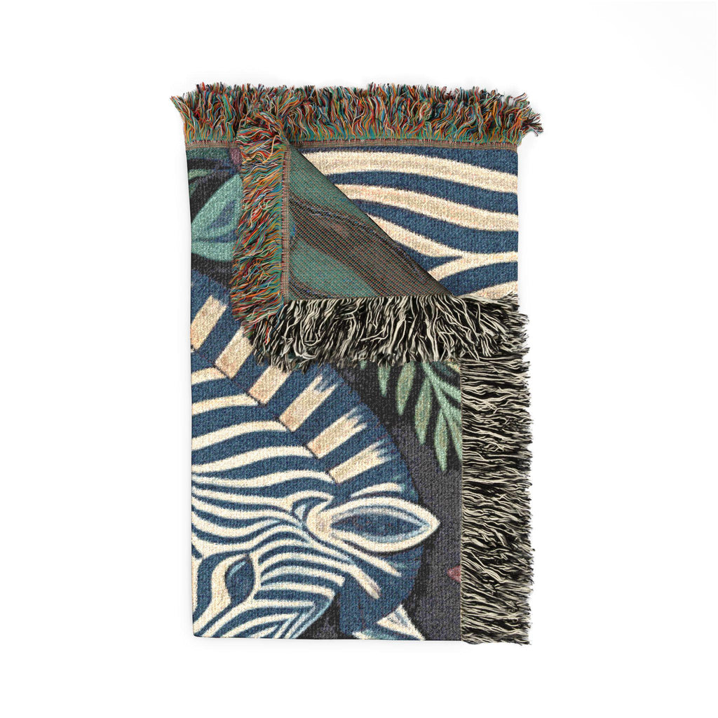 Zebra Floral Illustration Woven Blanket | Tropical Safari Tapestry Throw