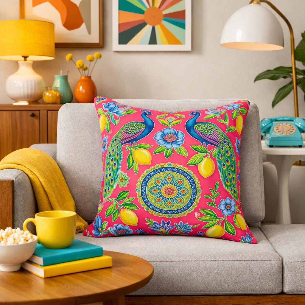 Peacock Lemon Floral Pillow | Bright Pink Decorative Throw Pillow