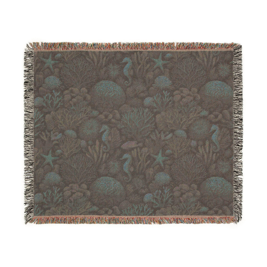 Underwater Coral Reef Woven Blanket | Seahorses, Starfish, Ocean Tapestry Throw
