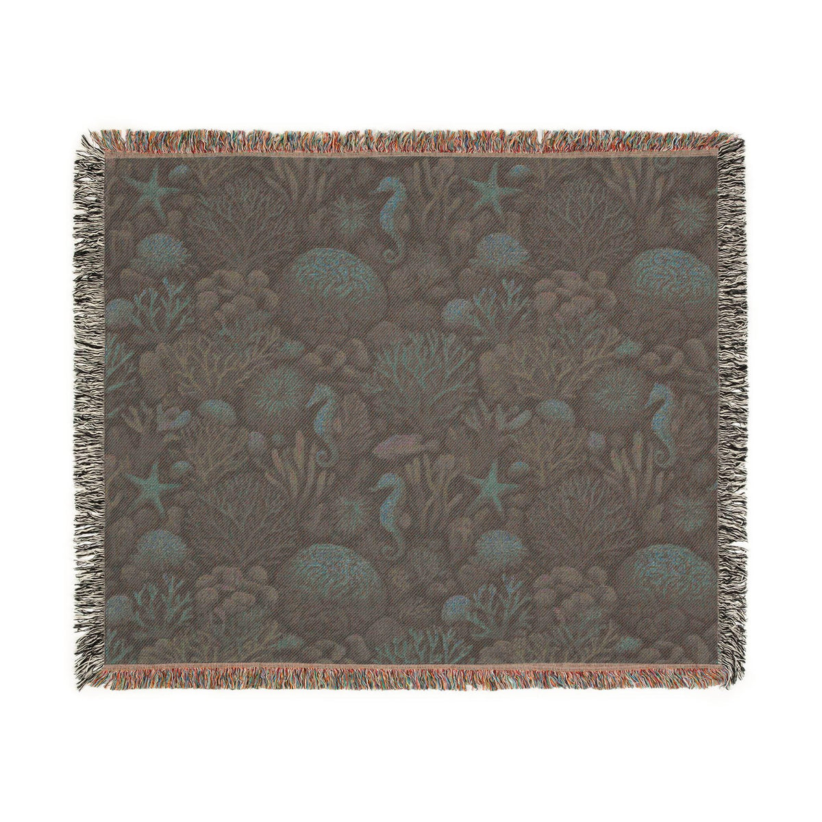 Underwater Coral Reef Woven Blanket | Seahorses, Starfish, Ocean Tapestry Throw