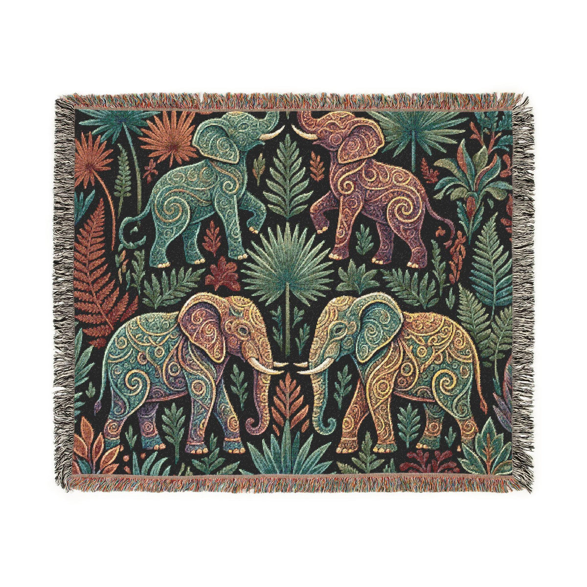 Bohemian Elephant Tapestry Woven Blanket | Jungle Floral Fringe Throw